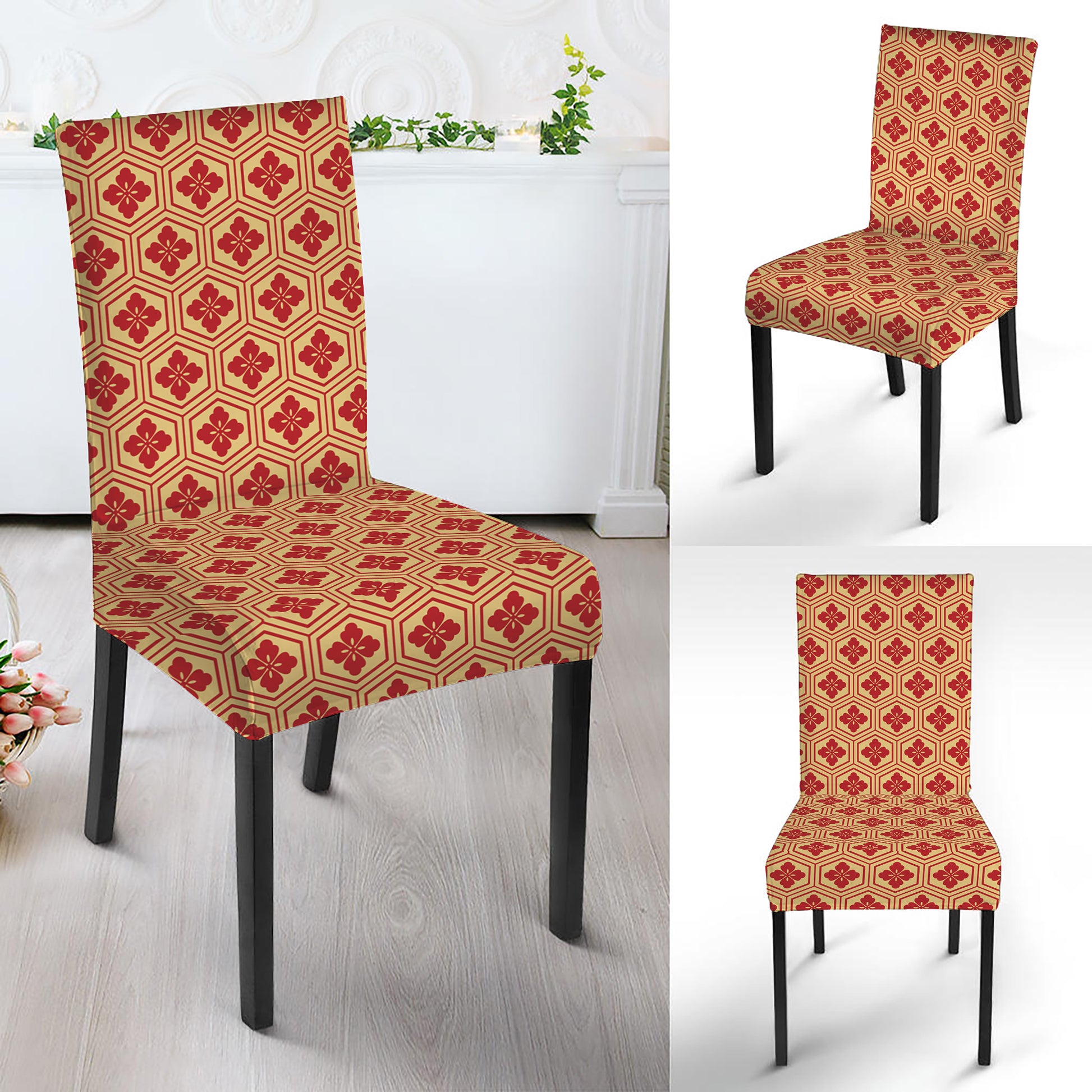 Red Japanese Flower Pattern Print Dining Chair Slipcover