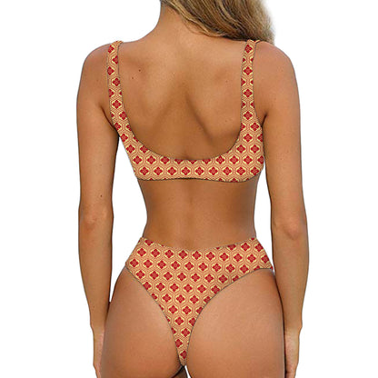 Red Japanese Flower Pattern Print Front Bow Tie Bikini