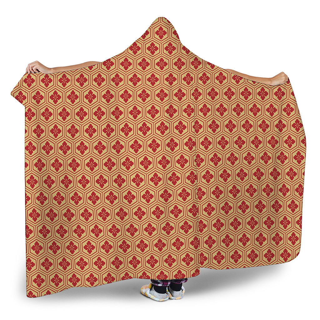 Red Japanese Flower Pattern Print Hooded Blanket