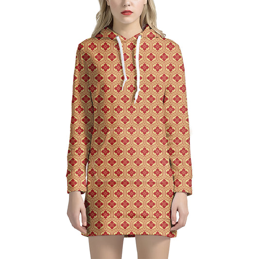 Red Japanese Flower Pattern Print Hoodie Dress