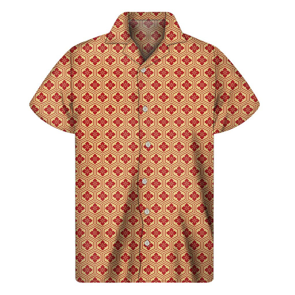 Red Japanese Flower Pattern Print Men's Short Sleeve Shirt
