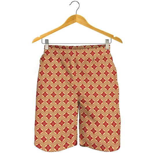 Red Japanese Flower Pattern Print Men's Shorts