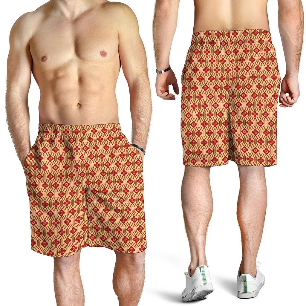 Red Japanese Flower Pattern Print Men's Shorts
