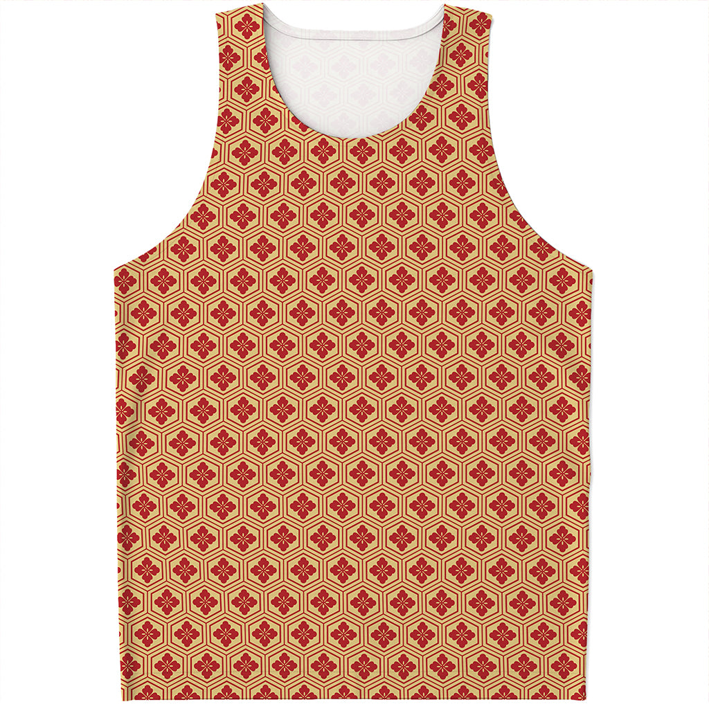 Red Japanese Flower Pattern Print Men's Tank Top