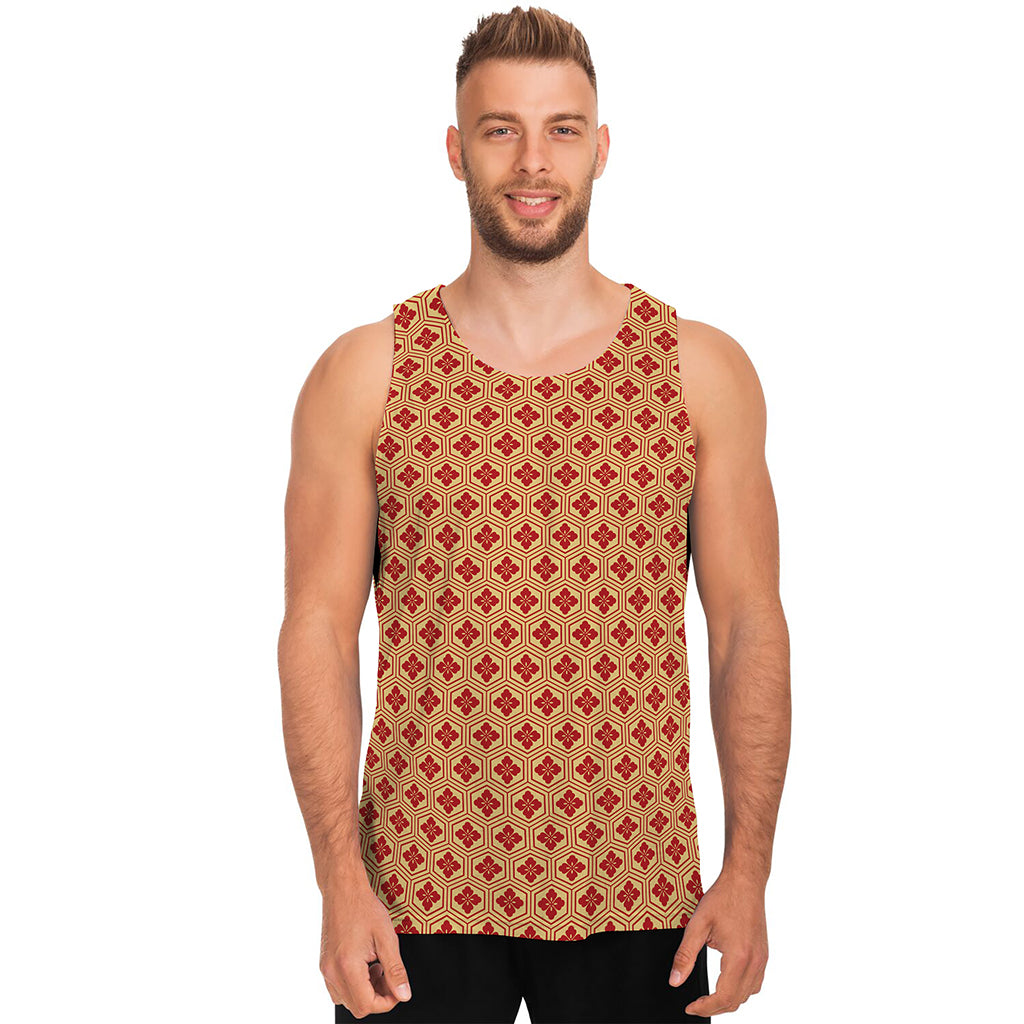 Red Japanese Flower Pattern Print Men's Tank Top