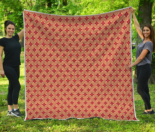 Red Japanese Flower Pattern Print Quilt