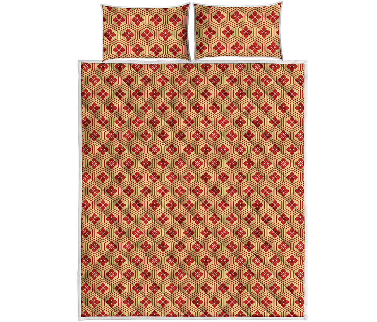 Red Japanese Flower Pattern Print Quilt Bed Set
