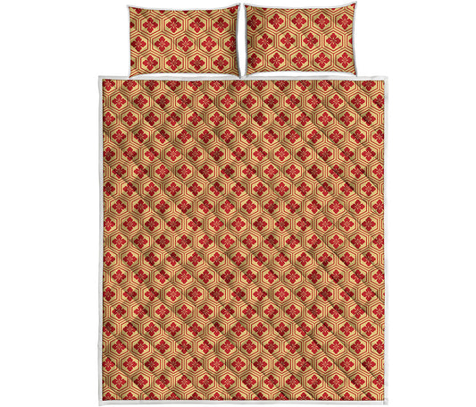Red Japanese Flower Pattern Print Quilt Bed Set