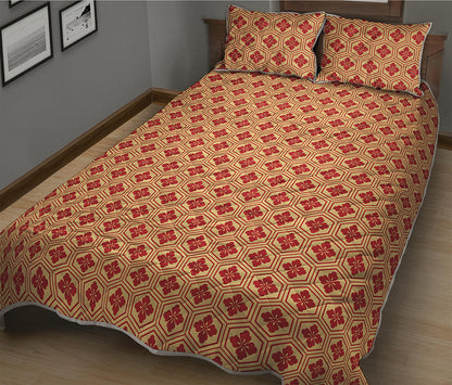 Red Japanese Flower Pattern Print Quilt Bed Set