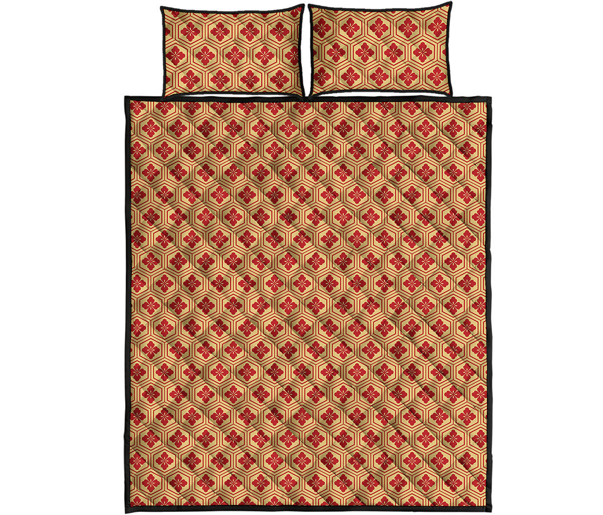 Red Japanese Flower Pattern Print Quilt Bed Set