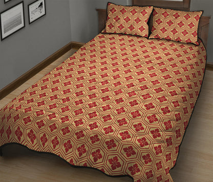 Red Japanese Flower Pattern Print Quilt Bed Set