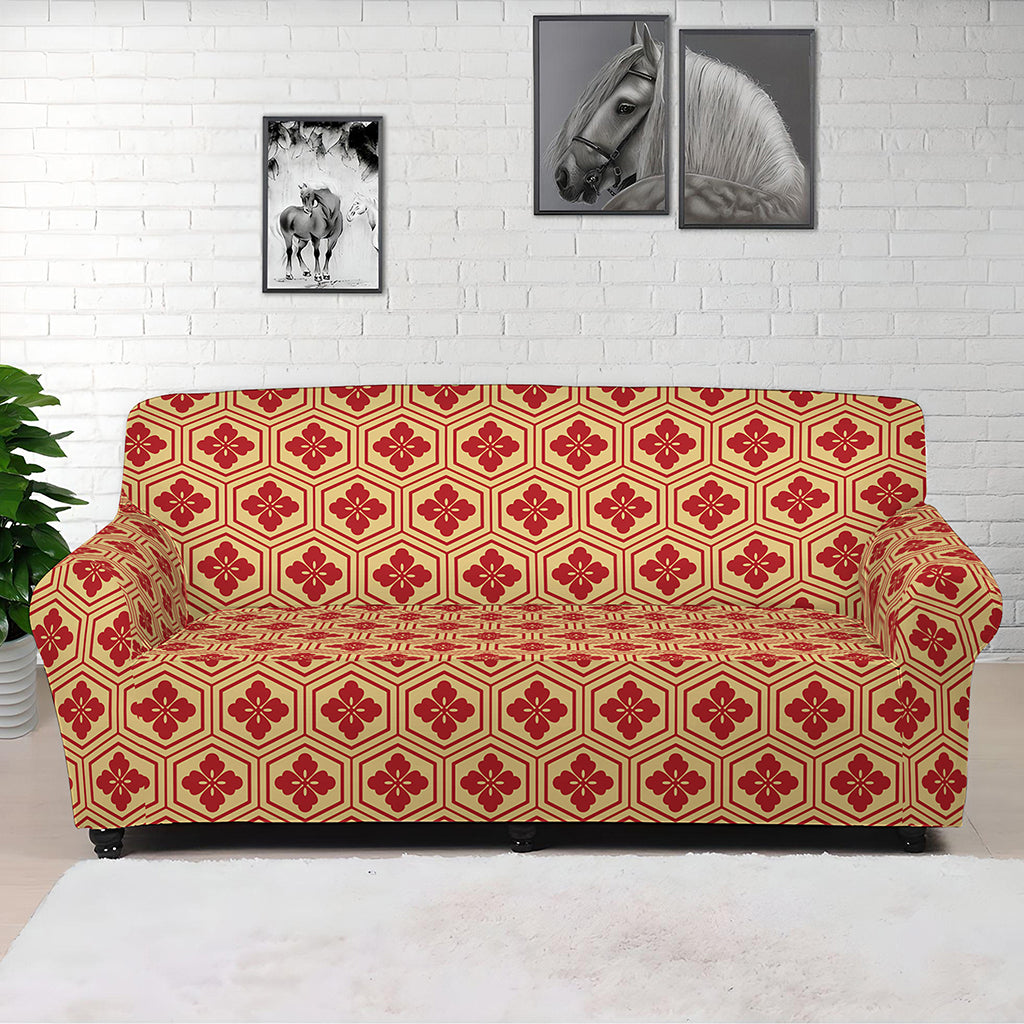 Red Japanese Flower Pattern Print Sofa Cover