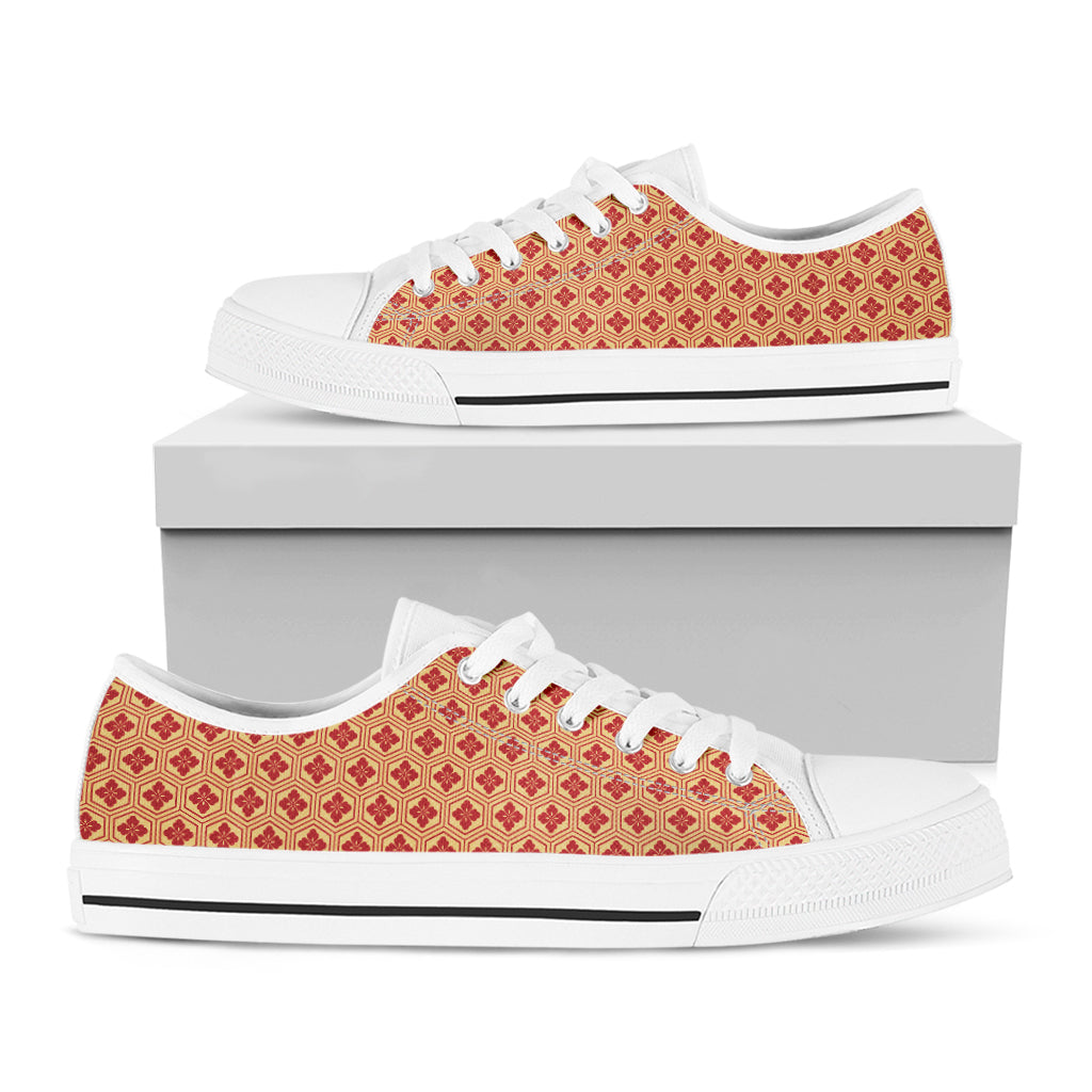 Red Japanese Flower Pattern Print White Low Top Shoes
