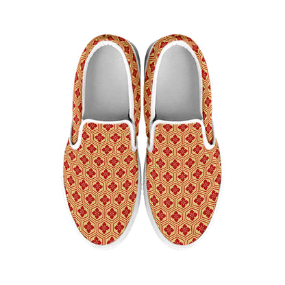 Red Japanese Flower Pattern Print White Slip On Shoes