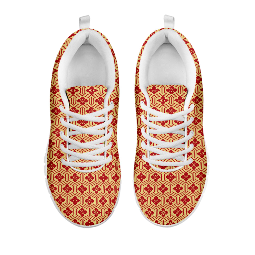 Red Japanese Flower Pattern Print White Sneakers