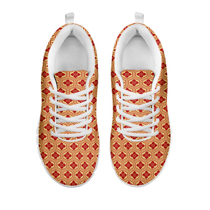 Red Japanese Flower Pattern Print White Sneakers