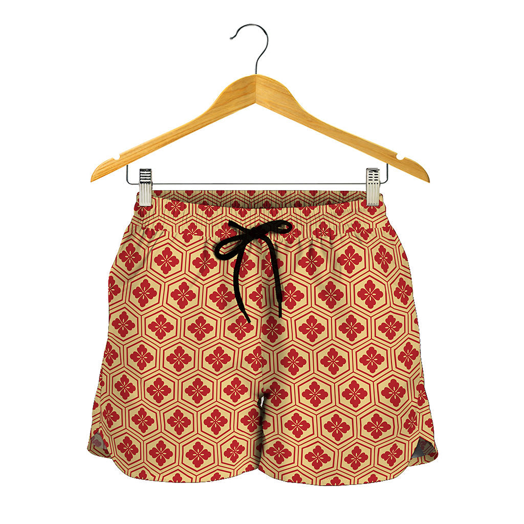 Red Japanese Flower Pattern Print Women's Shorts