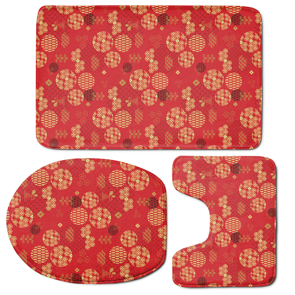 Red Japanese Pattern Print 3 Piece Bath Mat Set