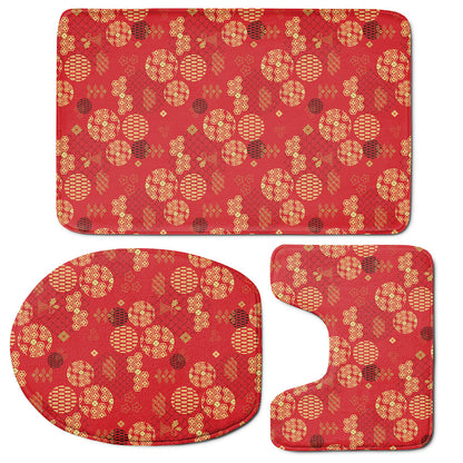 Red Japanese Pattern Print 3 Piece Bath Mat Set