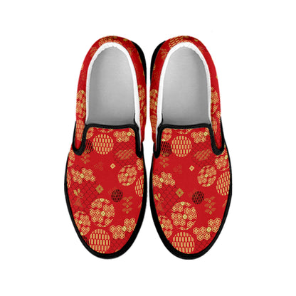 Red Japanese Pattern Print Black Slip On Shoes