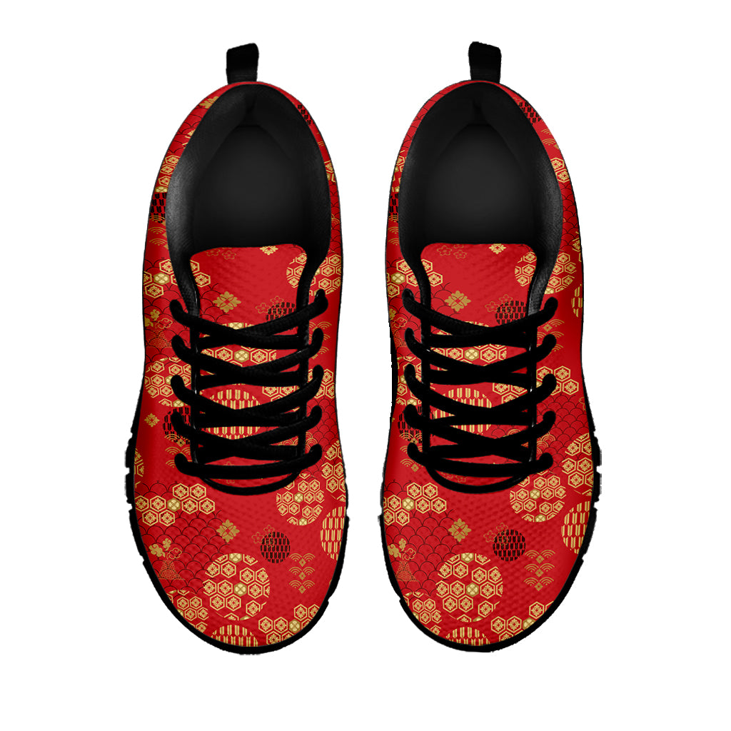Red Japanese Pattern Print Black Sneakers