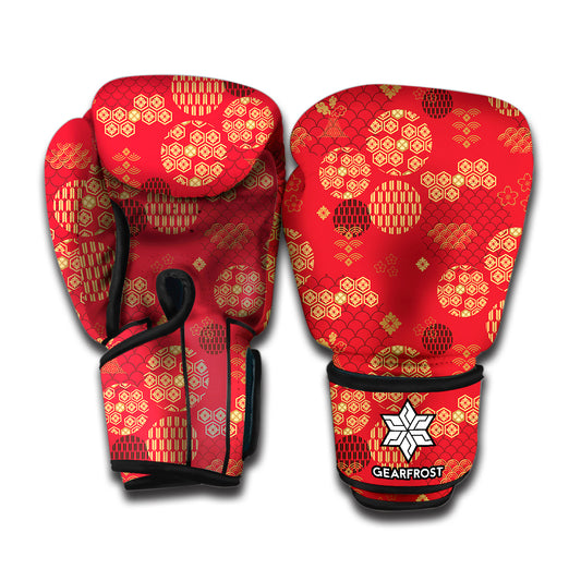 Red Japanese Pattern Print Boxing Gloves