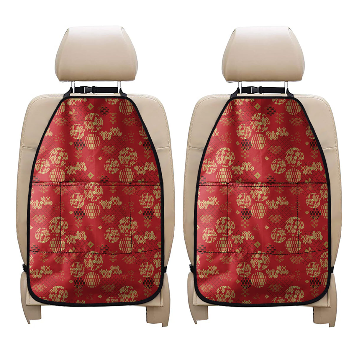 Red Japanese Pattern Print Car Seat Organizers