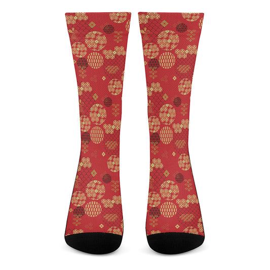 Red Japanese Pattern Print Crew Socks