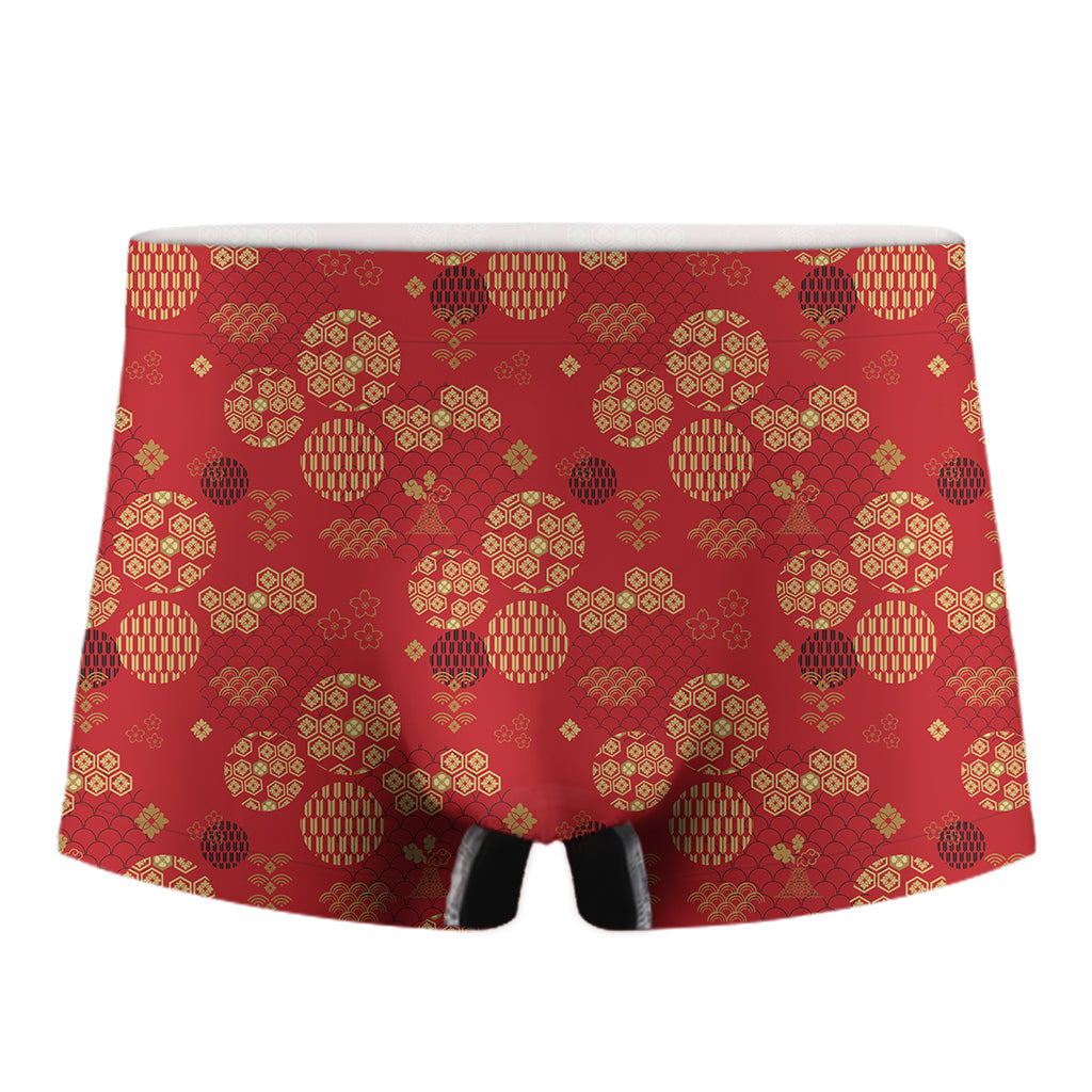Red Japanese Pattern Print Men's Boxer Briefs