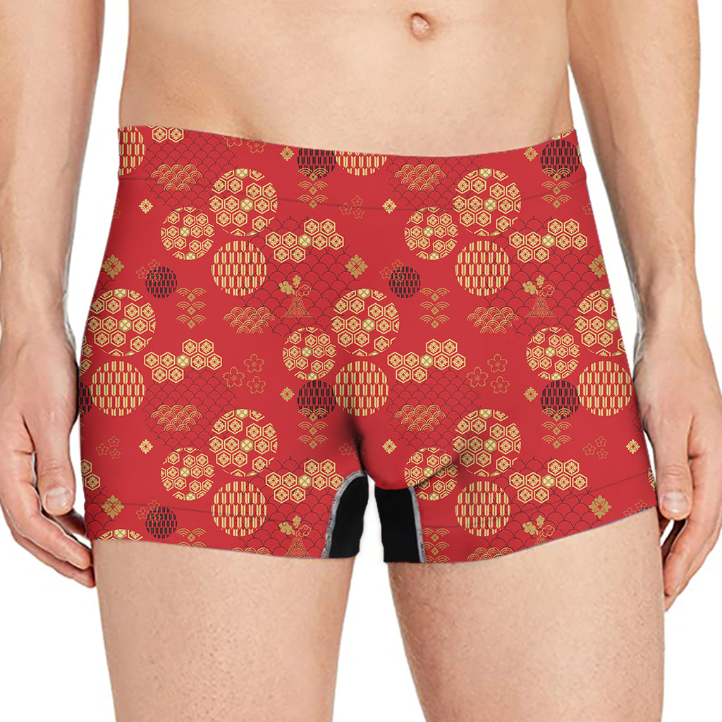 Red Japanese Pattern Print Men's Boxer Briefs