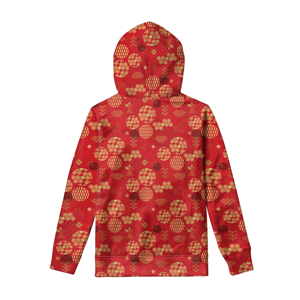 Red Japanese Pattern Print Pullover Hoodie