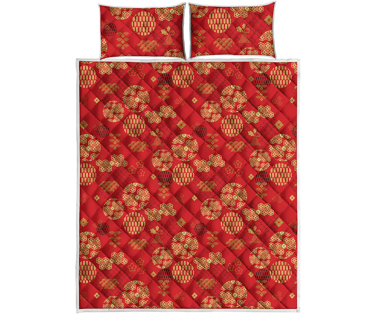 Red Japanese Pattern Print Quilt Bed Set