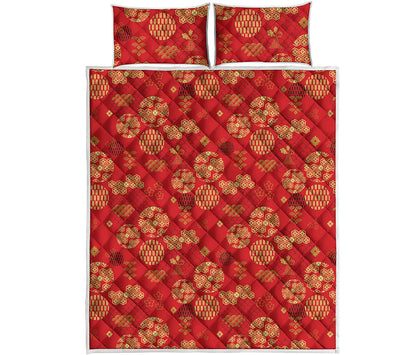 Red Japanese Pattern Print Quilt Bed Set