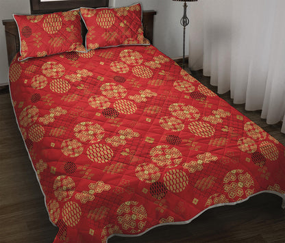 Red Japanese Pattern Print Quilt Bed Set