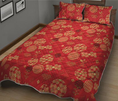 Red Japanese Pattern Print Quilt Bed Set