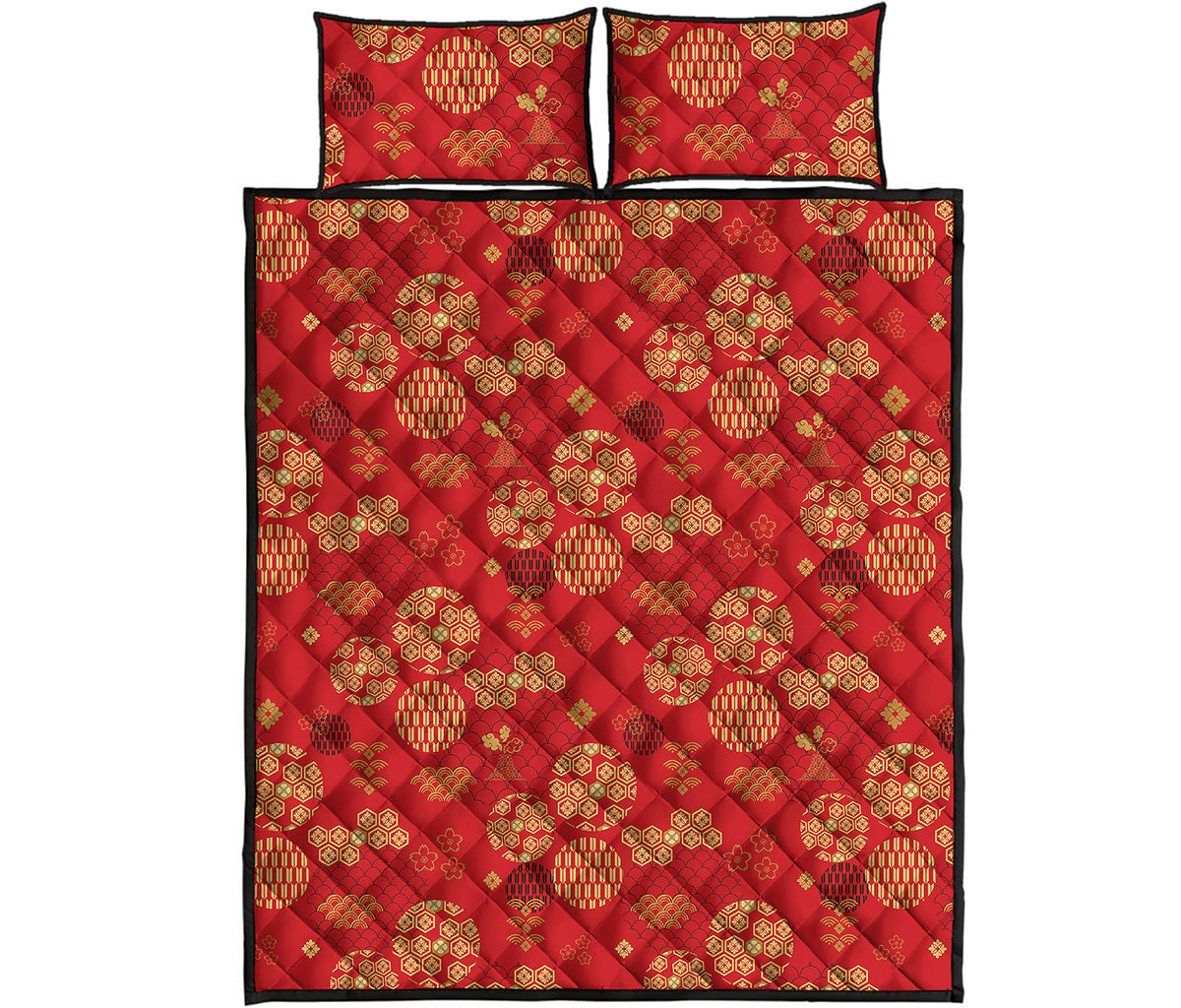 Red Japanese Pattern Print Quilt Bed Set