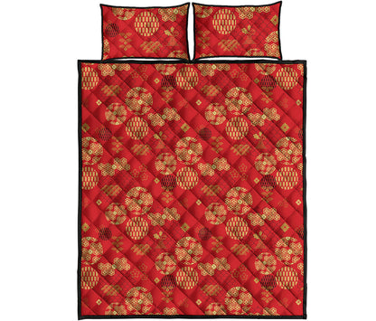 Red Japanese Pattern Print Quilt Bed Set