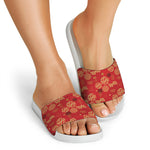 Red Japanese Pattern Print White Slide Sandals