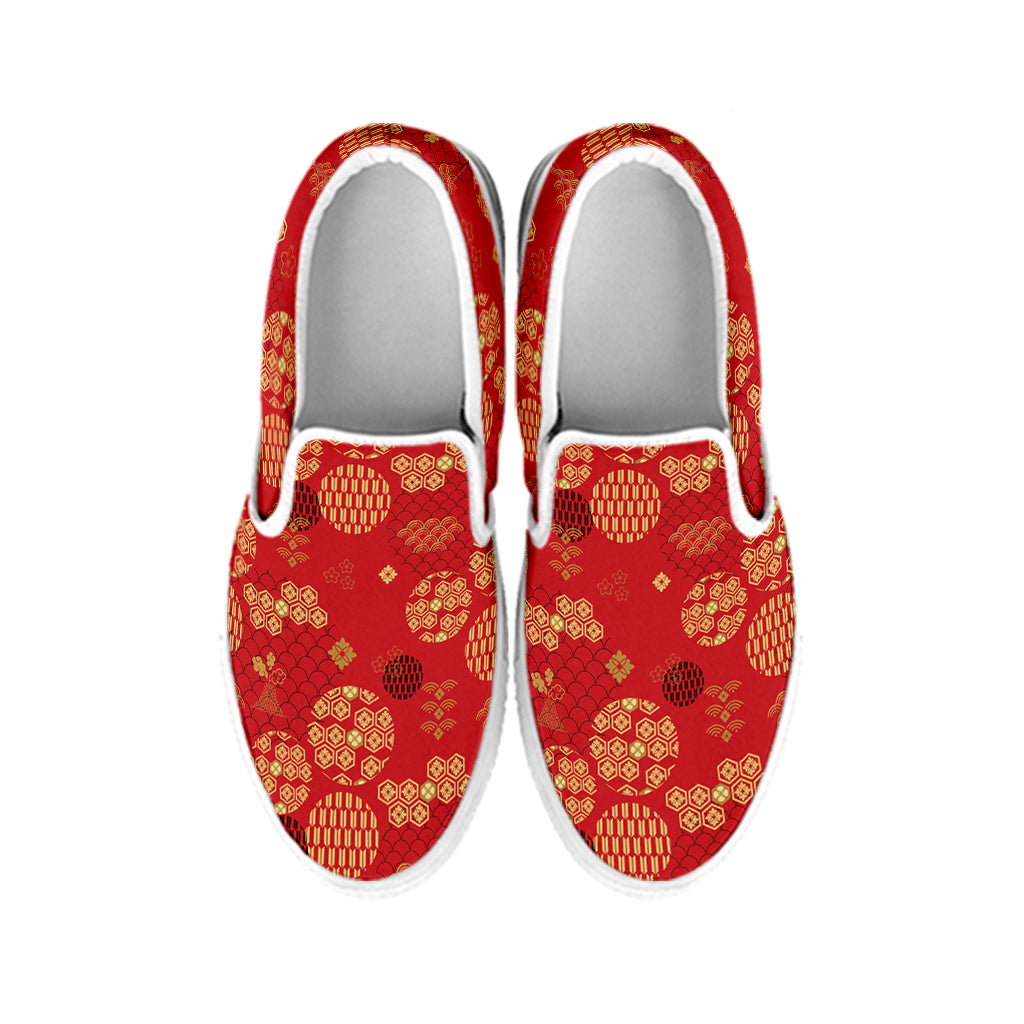 Red Japanese Pattern Print White Slip On Shoes