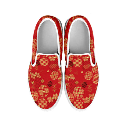 Red Japanese Pattern Print White Slip On Shoes