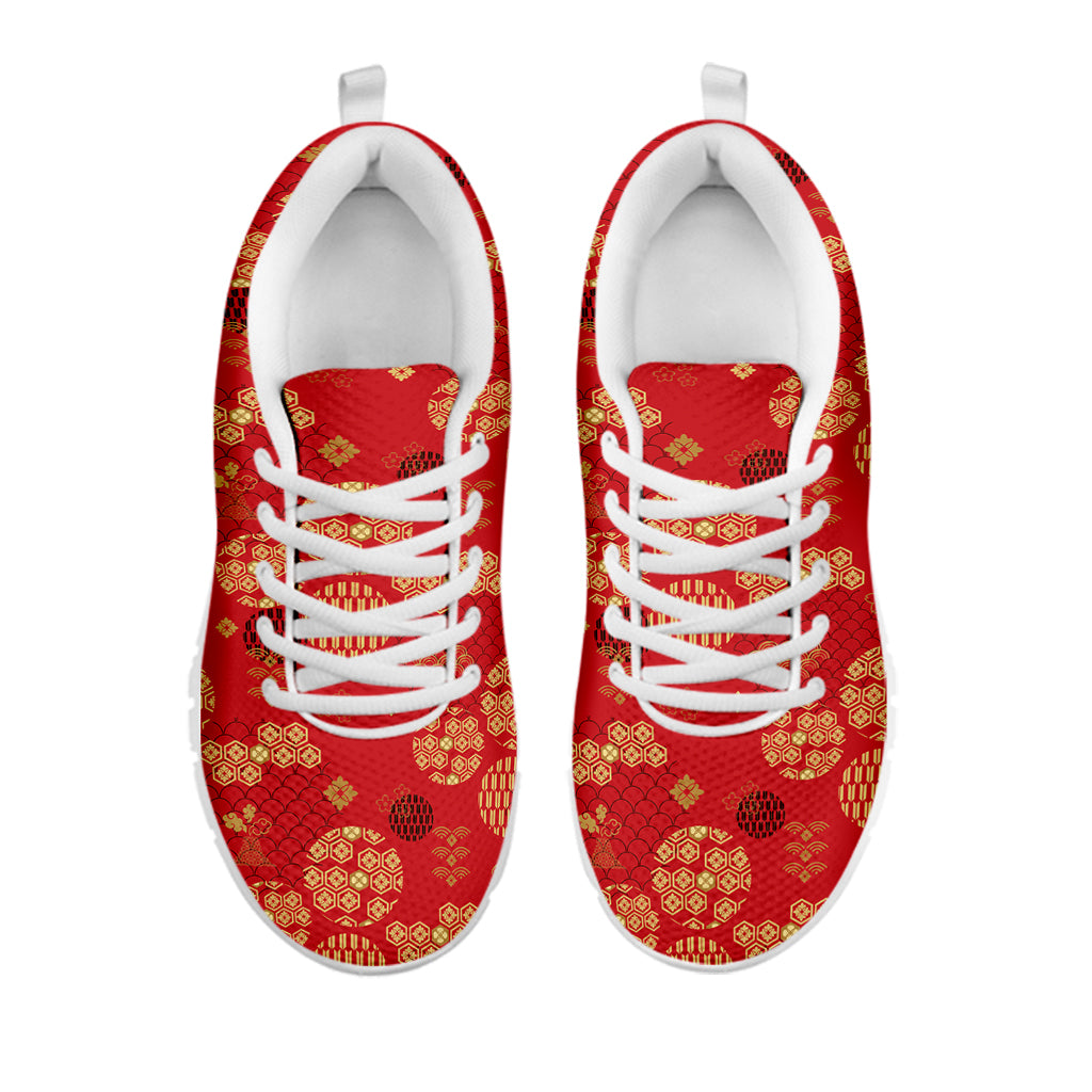 Red Japanese Pattern Print White Sneakers