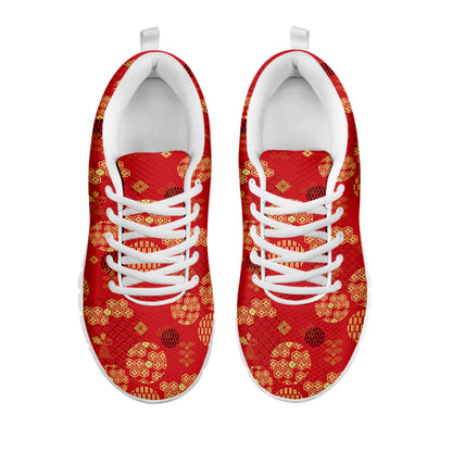 Red Japanese Pattern Print White Sneakers