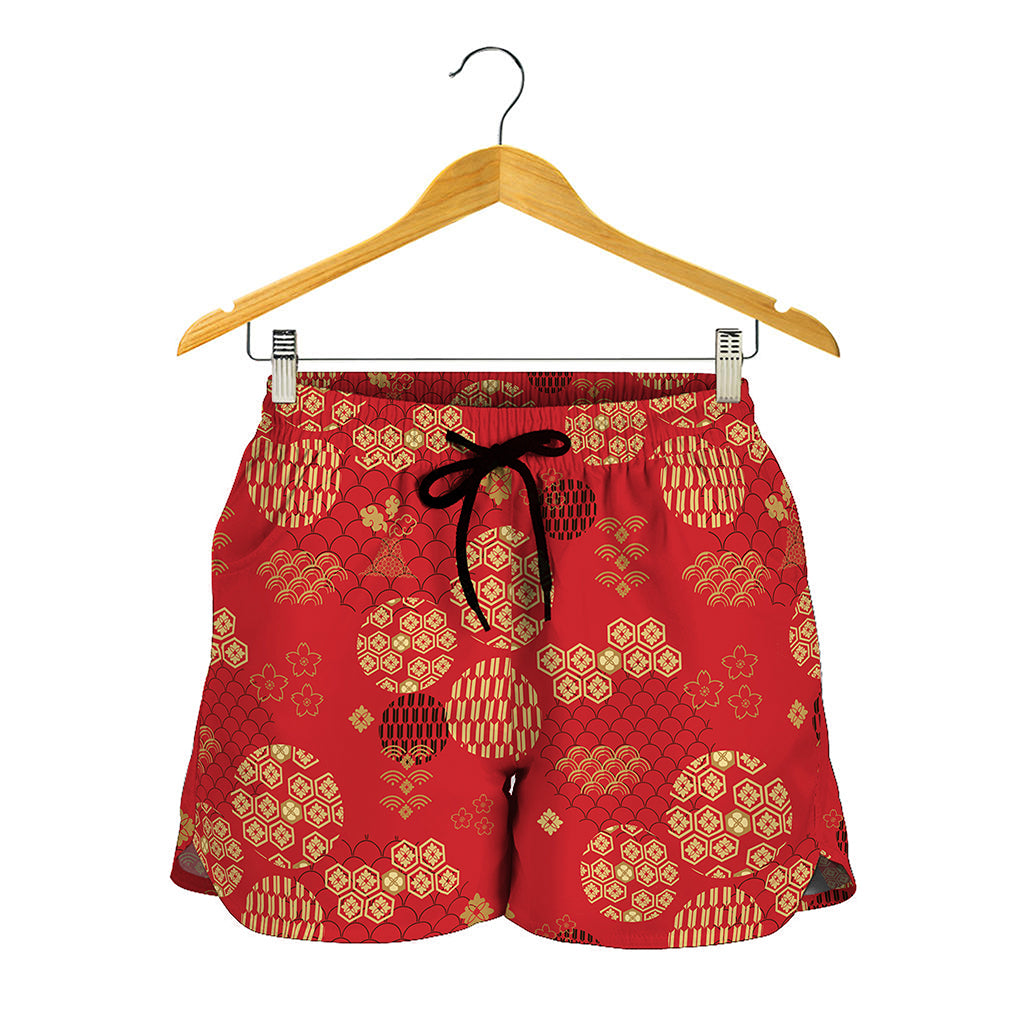 Red Japanese Pattern Print Women's Shorts