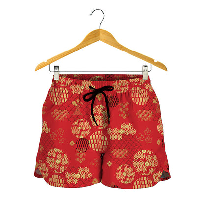 Red Japanese Pattern Print Women's Shorts