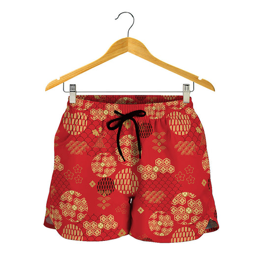 Red Japanese Pattern Print Women's Shorts
