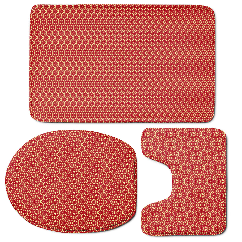 Red Japanese Wave Pattern Print 3 Piece Bath Mat Set