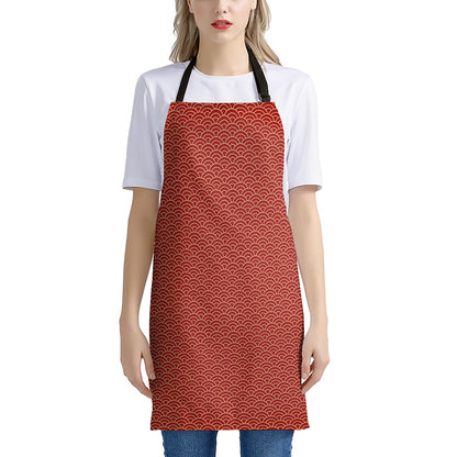 Red Japanese Wave Pattern Print Apron