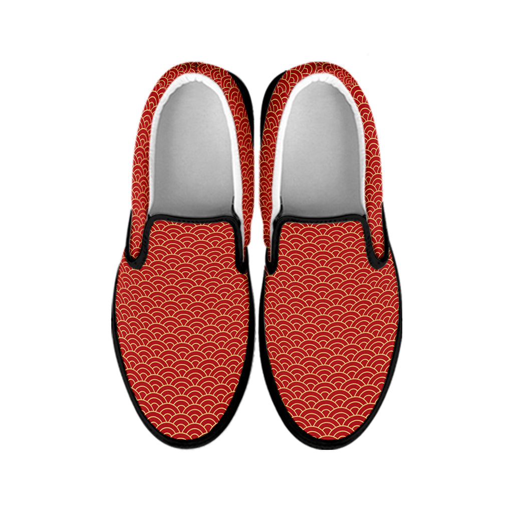 Red Japanese Wave Pattern Print Black Slip On Shoes