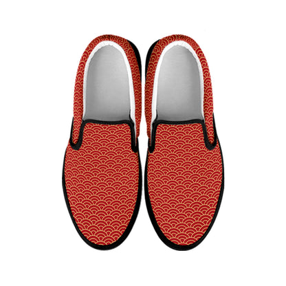 Red Japanese Wave Pattern Print Black Slip On Shoes