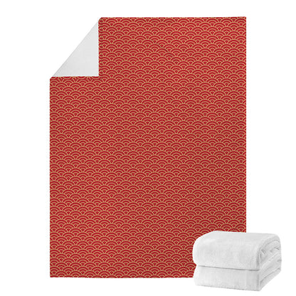 Red Japanese Wave Pattern Print Blanket